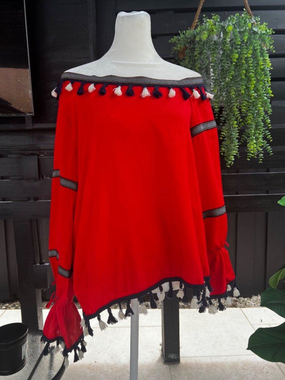 Womens Off-the-Shoulder Red Spanish Flamenco style tassels MEDIUM